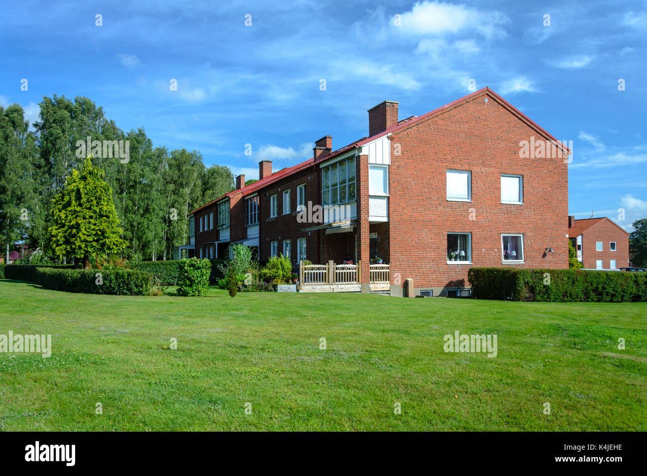 Veberod, Sweden - July 22, 2017:  Typical Swedish buildings multi-family houses in a small town and on the outskirts of the agglomeration. Stock Photo