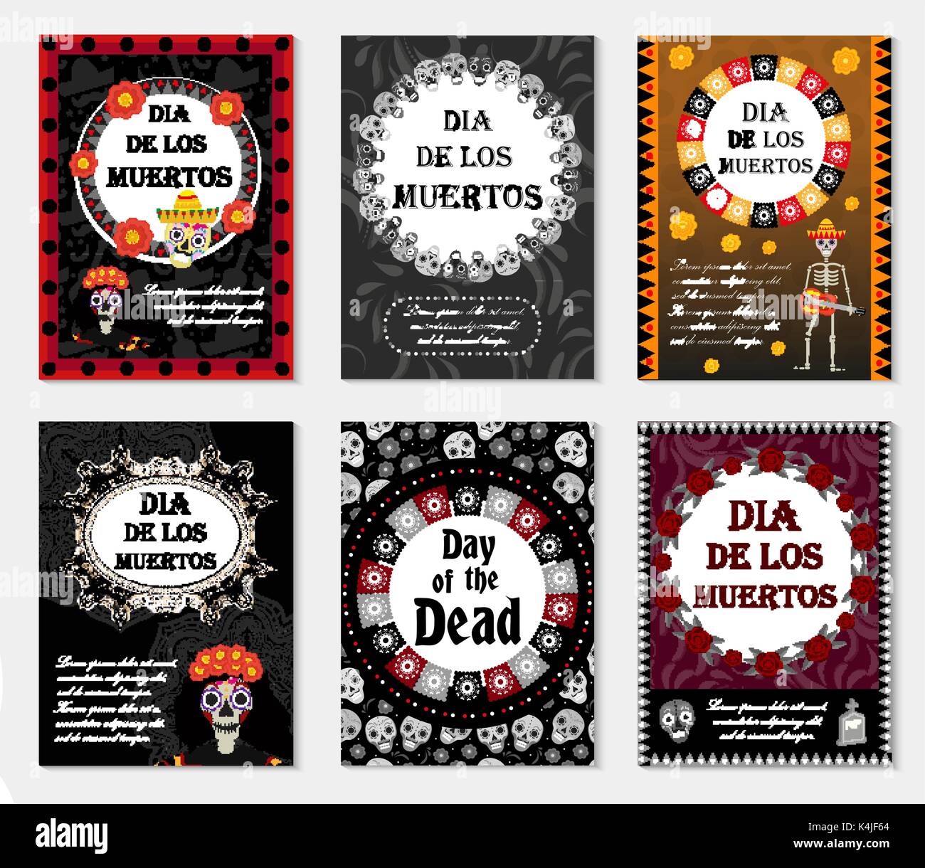 Day of the dead set flyer, poster, invitation with roses, skeleton, and sugar skulls. Dia de Muertos cards templates collection for your design. Holiday in Mexico concept. Vector illustration. Stock Vector