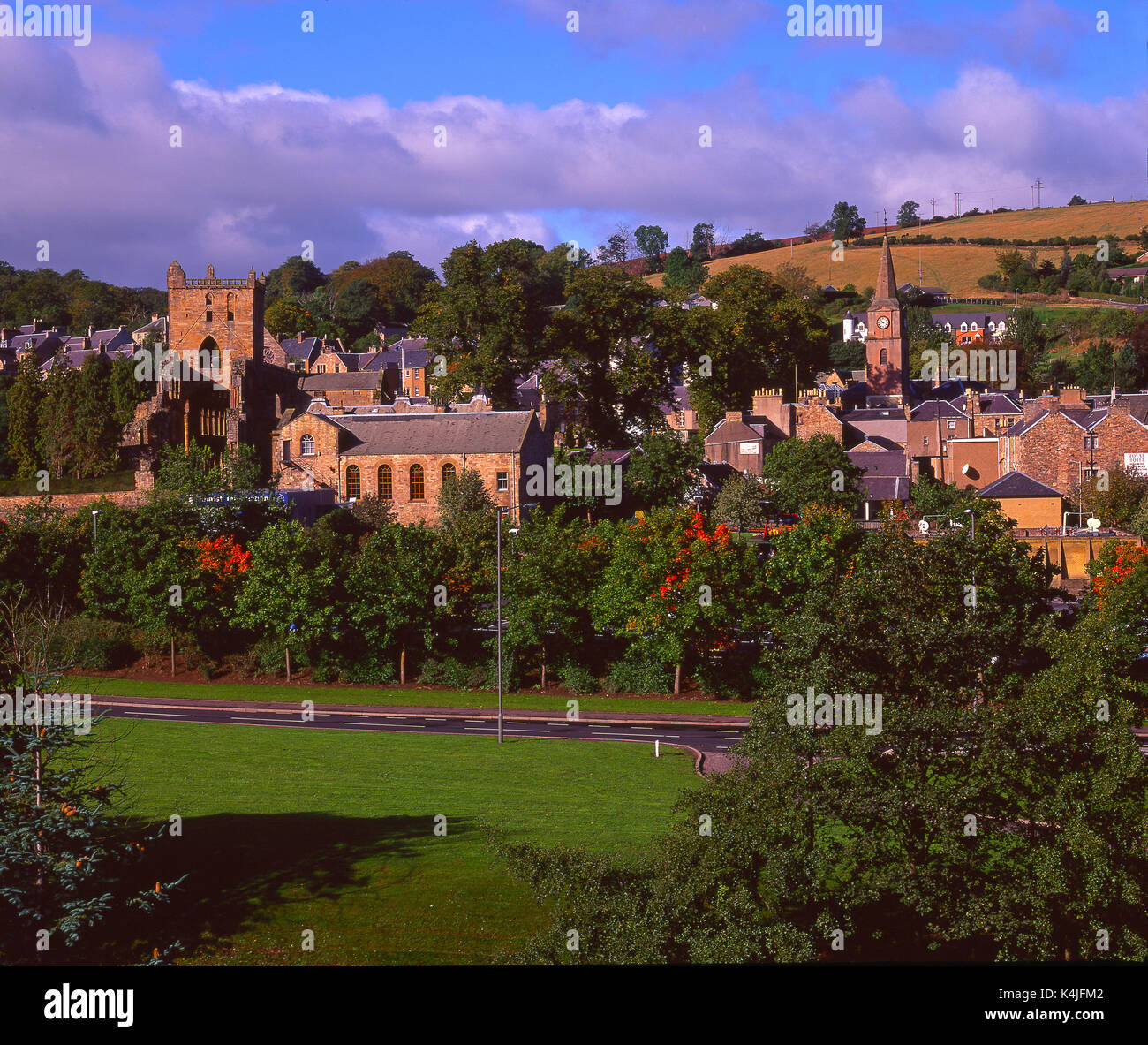 An unusual view of Jedburgh Abbey and town which is situated on the main route north from England, Jedburgh, Scottish Borders Stock Photo