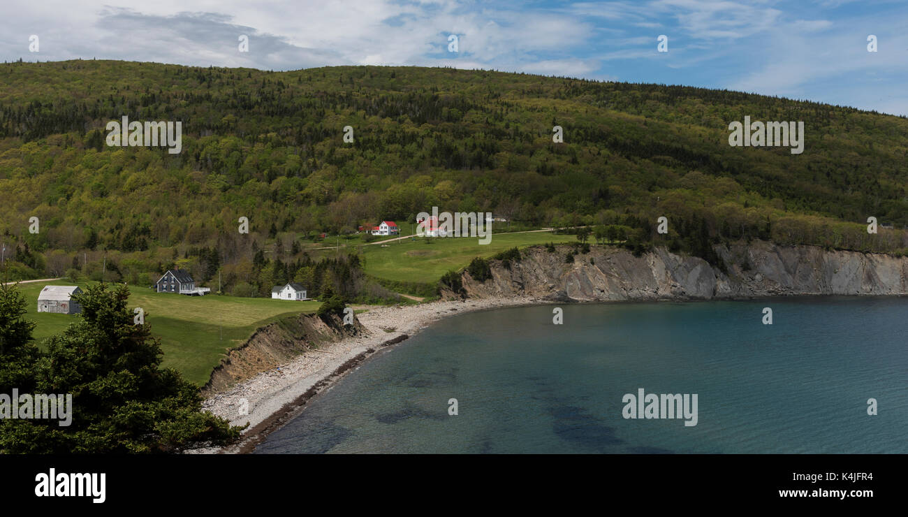 Scenic view of village at coastline, Cape North, Cape Breton Island, Nova Scotia, Canada Stock Photo