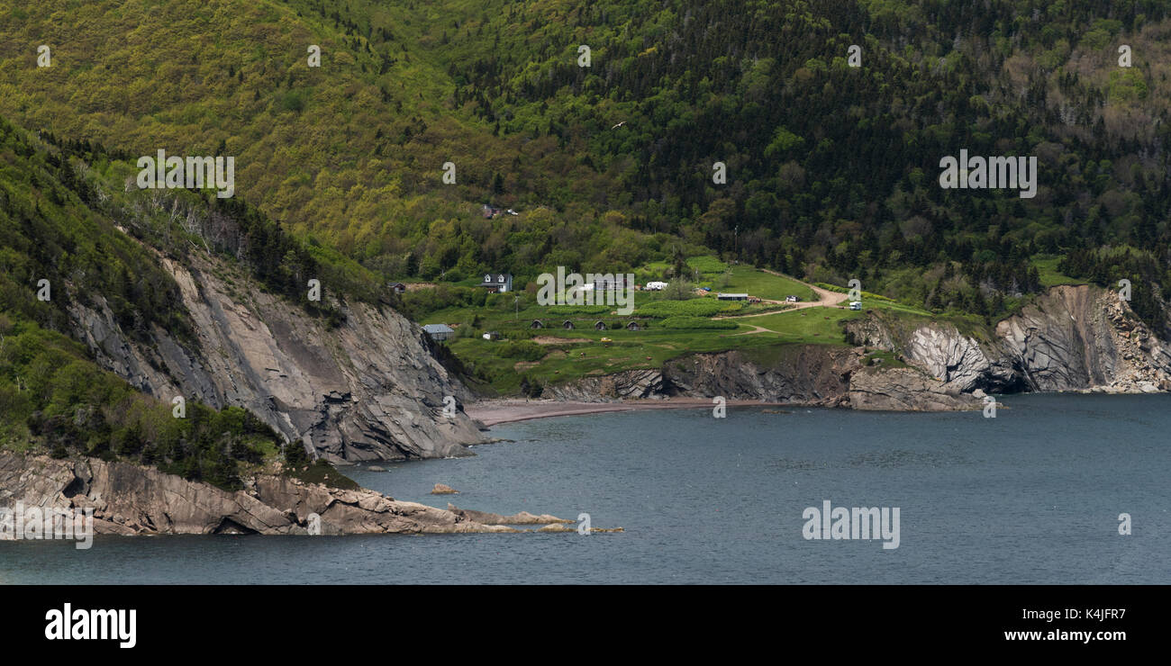 Scenic view of village at coast, Meat Cove, Cape North, Cape Breton Island, Nova Scotia, Canada Stock Photo