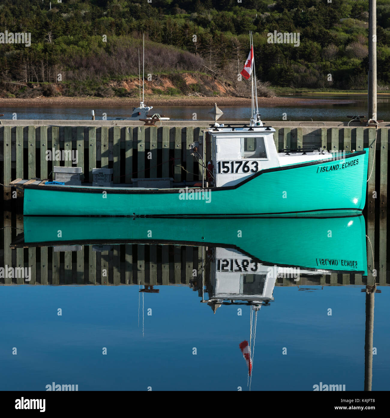 Fishing boat moored at harbor, Mabou, Cape Breton Island, Nova Scotia, Canada Stock Photo