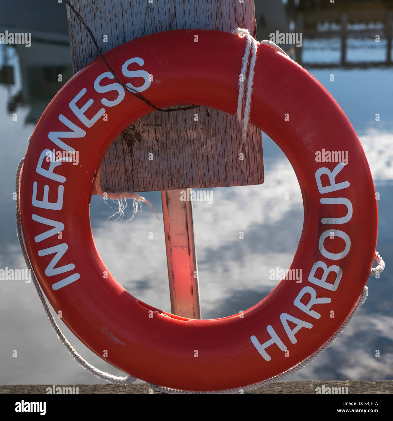 Close-up of a life preserver hanging at dock, Inverness Harbour, Inverness, Cape Breton Island, Nova Scotia, Canada Stock Photo
