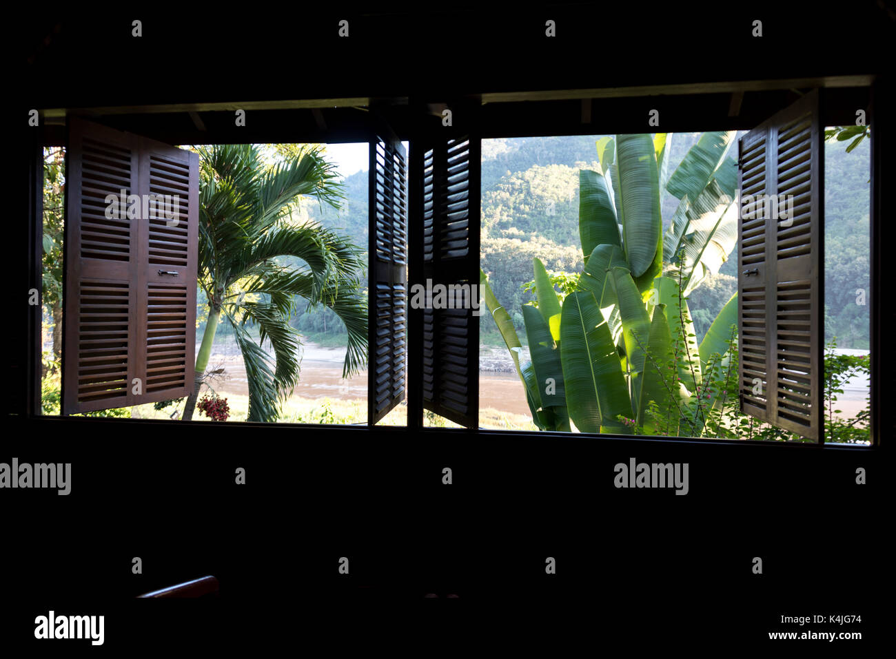 Trees seen through from window, Oudomxay Province, Laos Stock Photo