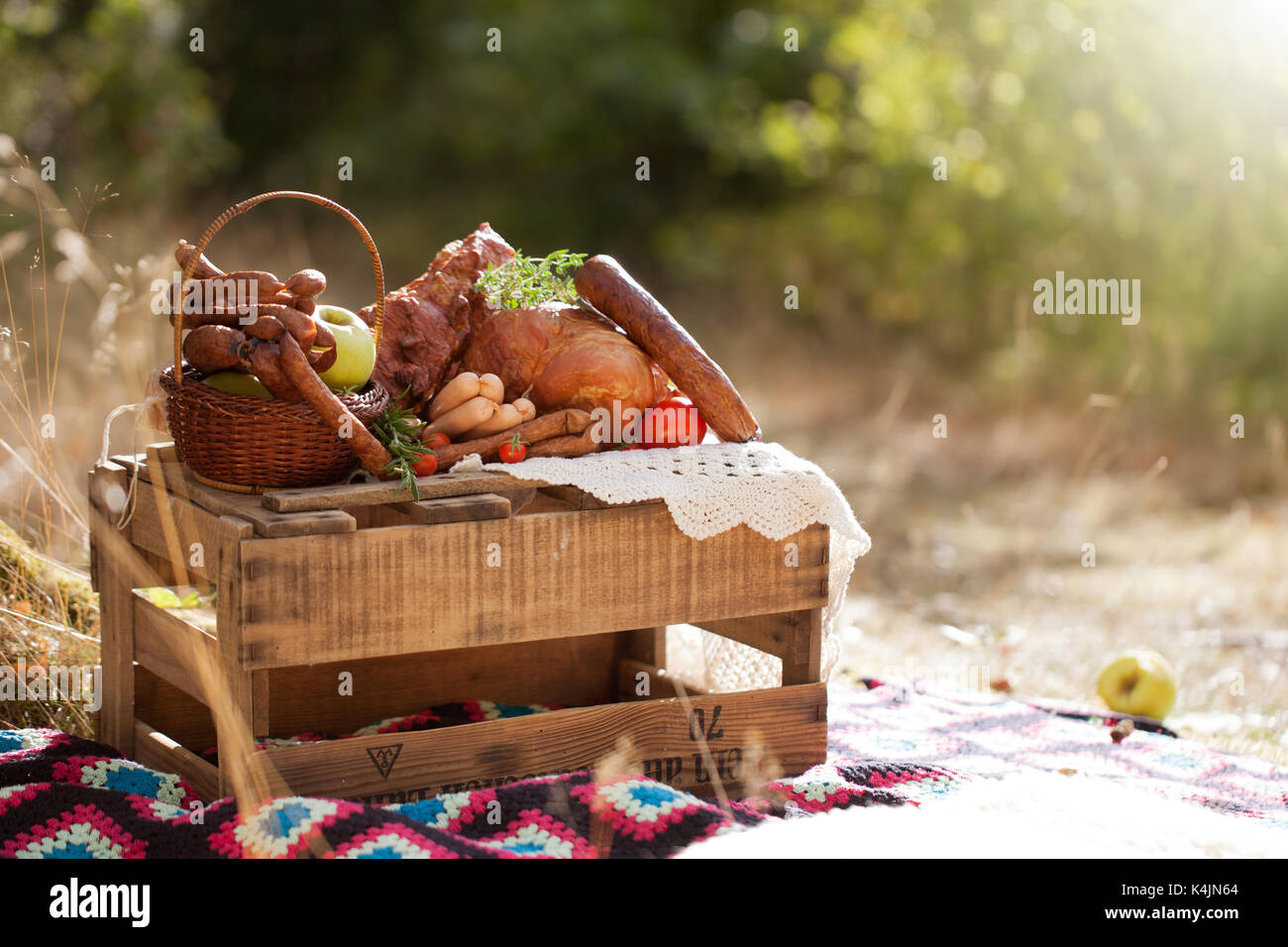 https://c8.alamy.com/comp/K4JN64/picnic-cured-meat-sausages-in-a-basket-on-the-blanket-K4JN64.jpg