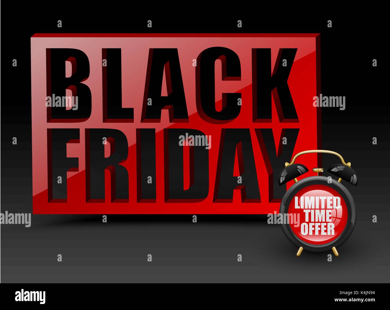 Black friday red wall on black background. Vector alarm clock with limited time offer text. Banner for holiday sale promotion. Stock Vector