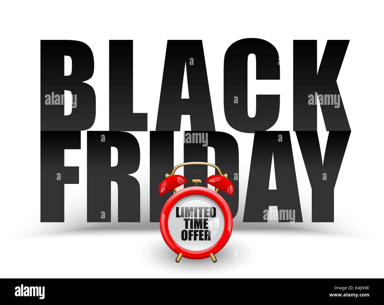 Black friday black text on white background. Vector red alarm clock with limited time offer. Banner for holiday sale promotion. Stock Vector