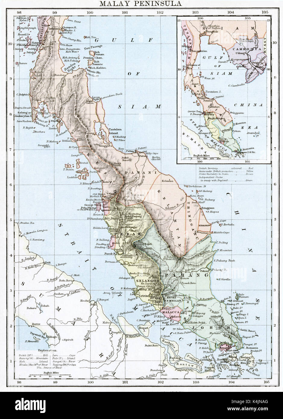 Antique map, circa 1875, of Malay Peninsula Stock Photo
