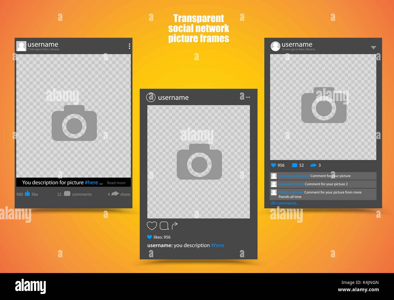 Dark photo frame for social network picture with bright orange yellow background and transparent windows. Isolated vector illustration Stock Vector