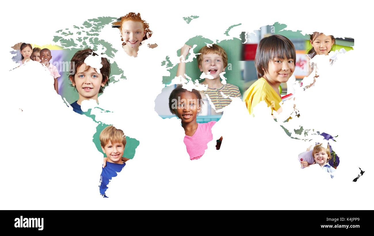 Multicultural world map with many different kids as integration concept Stock Photo