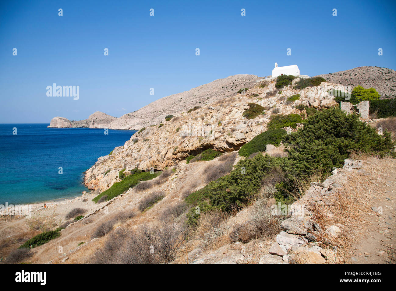 Armeos beach and church of Aghios Pakou, Galissas area, Syros island, Cyclades, Aegean Sea, Greece, Europe Stock Photo