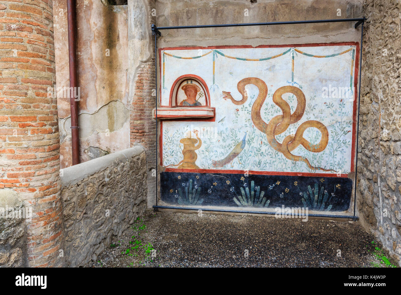 Fresco, Snake god Agathodaimon, Lararium, House of the Cryptoporticus, Pompeii, UNESCO World Heritage Site, Campania, Italy, Europe Stock Photo
