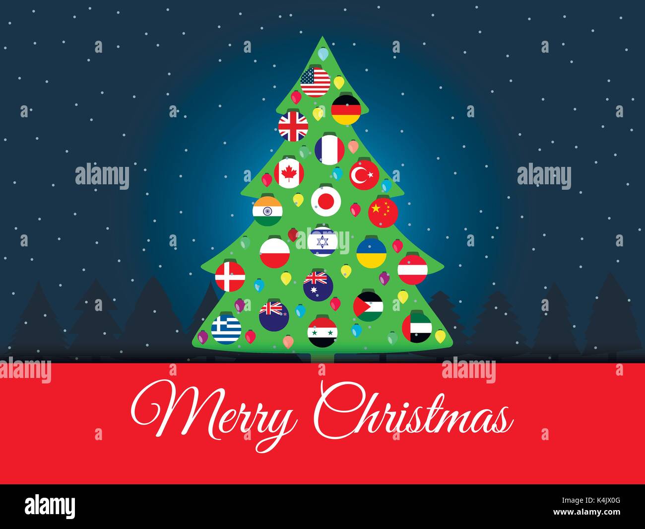 Christmas background. International Christmas tree. flags of the world