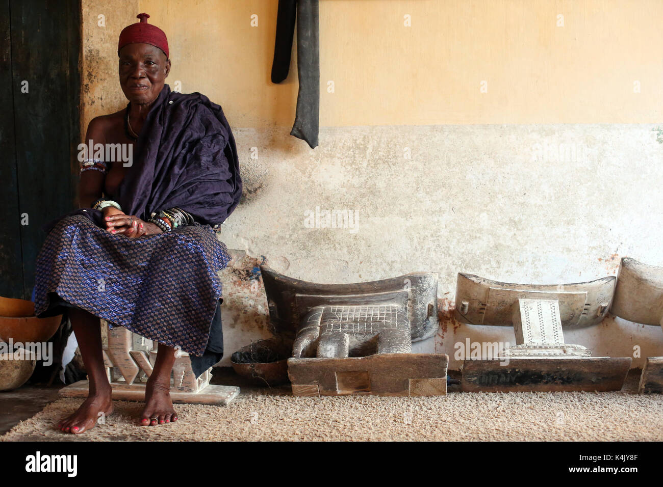 Old Voodoo priestess in her convent, Togoville, Togo, West Africa, Africa Stock Photo