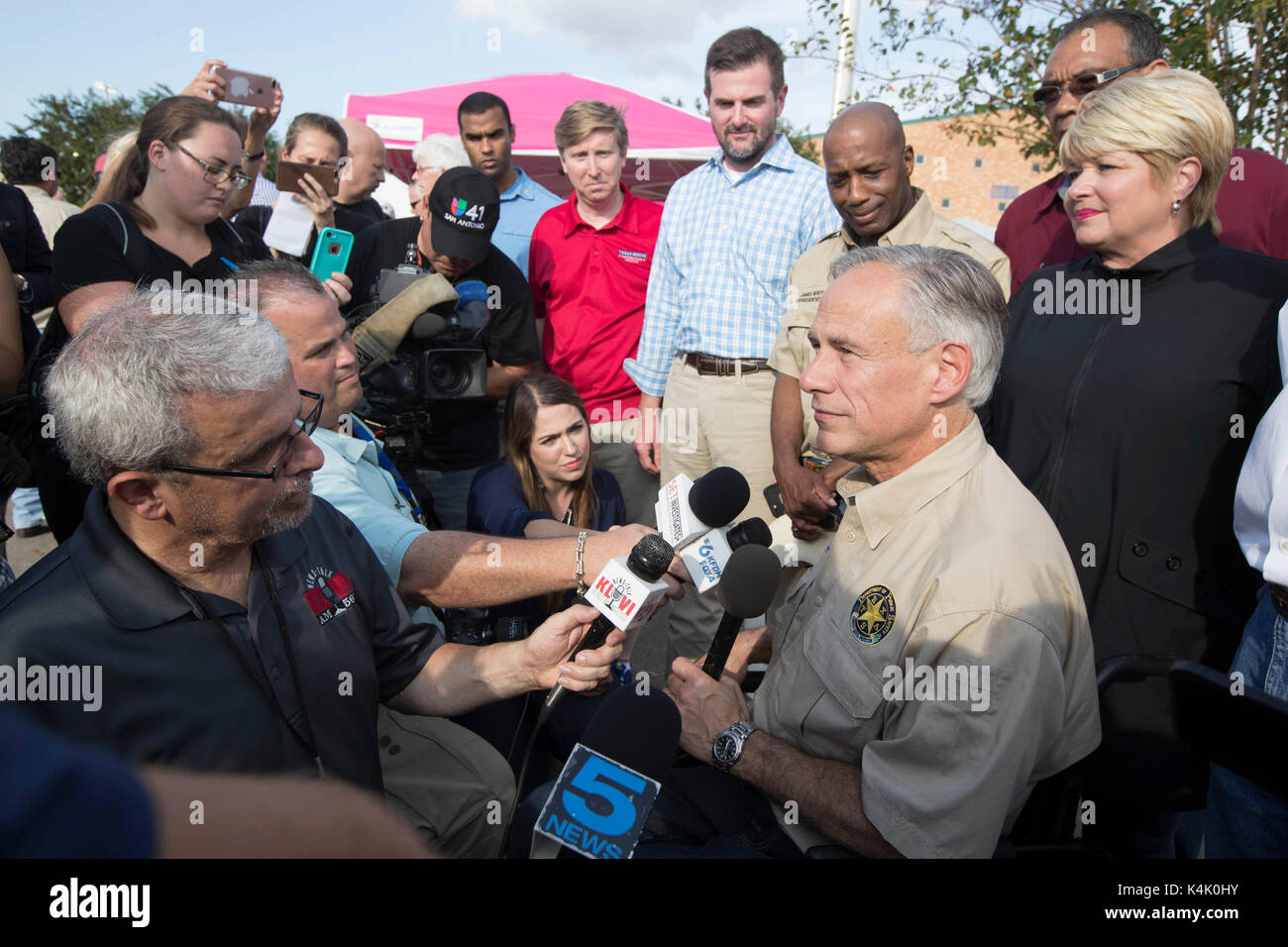 Beaumont, Texas USA Sept. 5, 2017: Texas Gov. Greg Abbott visits an aid distribution center for relief supplies as Southeast Texas continues to grapple with the destruction of Hurricane Harvey almost two weeks ago. Credit: Bob Daemmrich/Alamy Live News Stock Photo