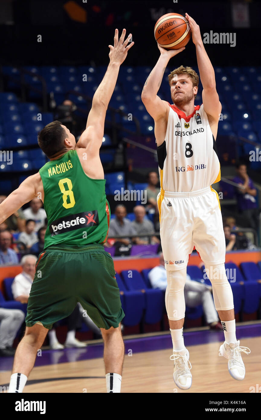 Tel Aviv, Israel. 6th Sep, 2017. Germany's Lucca Staiger (R) and Lithuania's Jonas Maciulis vie for the ball during the Group B group stage EuroBasket championship basketball match between Lithuania and Germany in the Tel Aviv Arena in Tel Aviv, Israel, 6 September 2017. Photo: Berney Ardov/dpa/Alamy Live News Stock Photo