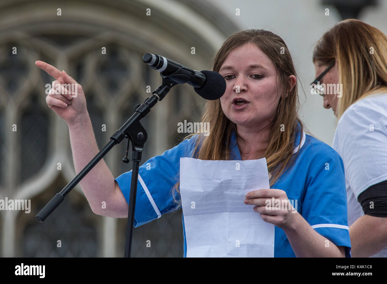 London, UK. 6th Sep, 2017. Nurse Danielle Tiplady addresses the rally. In a protest organised by the Royal College of Nursing, nurses rallied in central London to protest against the Governments continued public sector pay cap. Credit: David Rowe/Alamy Live News Stock Photo