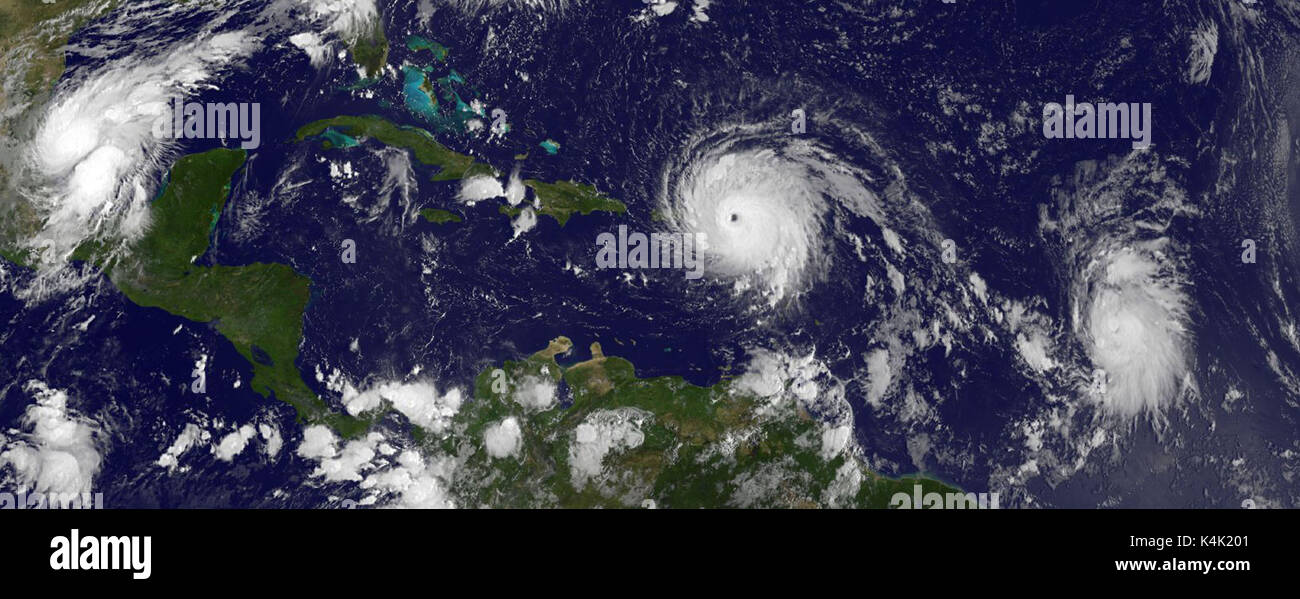 HANDOUT - A handout picture made available by the satellite project GOES East of the US National Oceanic and Atmospheric Administration shows hurricane 'Katia' (L) in the Gulf of Mexico, hurricane 'Irma' (M) near Puerto Rico and tropical storm 'Jose' (R) over the Atlantic, 06 September 2017.  (ATTENTION EDITORS: FOR EDITORIAL USE ONLY IN CONNECTION WITH CURRENT REPORTING; MANDATORY CREDIT) Photo: -/NASA/NOAA GOES/dpa Stock Photo