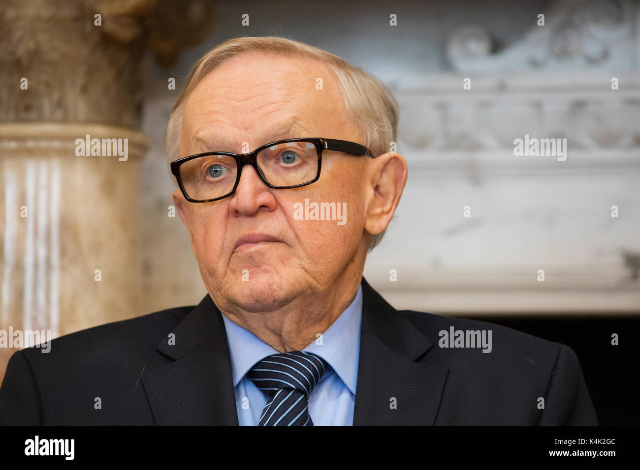 Dublin, Ireland. 6th Sep, 2017. Former President of Finland and Nobel Laureate, Mr. Martti Ahtisaari was in Ireland today to deliver a keynote address on “The Role of the EU in Conflict Resolution”. Martti Ahtisaari was awarded the Nobel Peace Prize in 2008 for “his important efforts, on several continents and over more than three decades, to resolve international conflicts”. Amongst these was his role in the Northern Ireland Peace Process on the crucial and very sensitive issue of weapons decommissioning. Photo by Peter Cavanagh - Must Credit Stock Photo