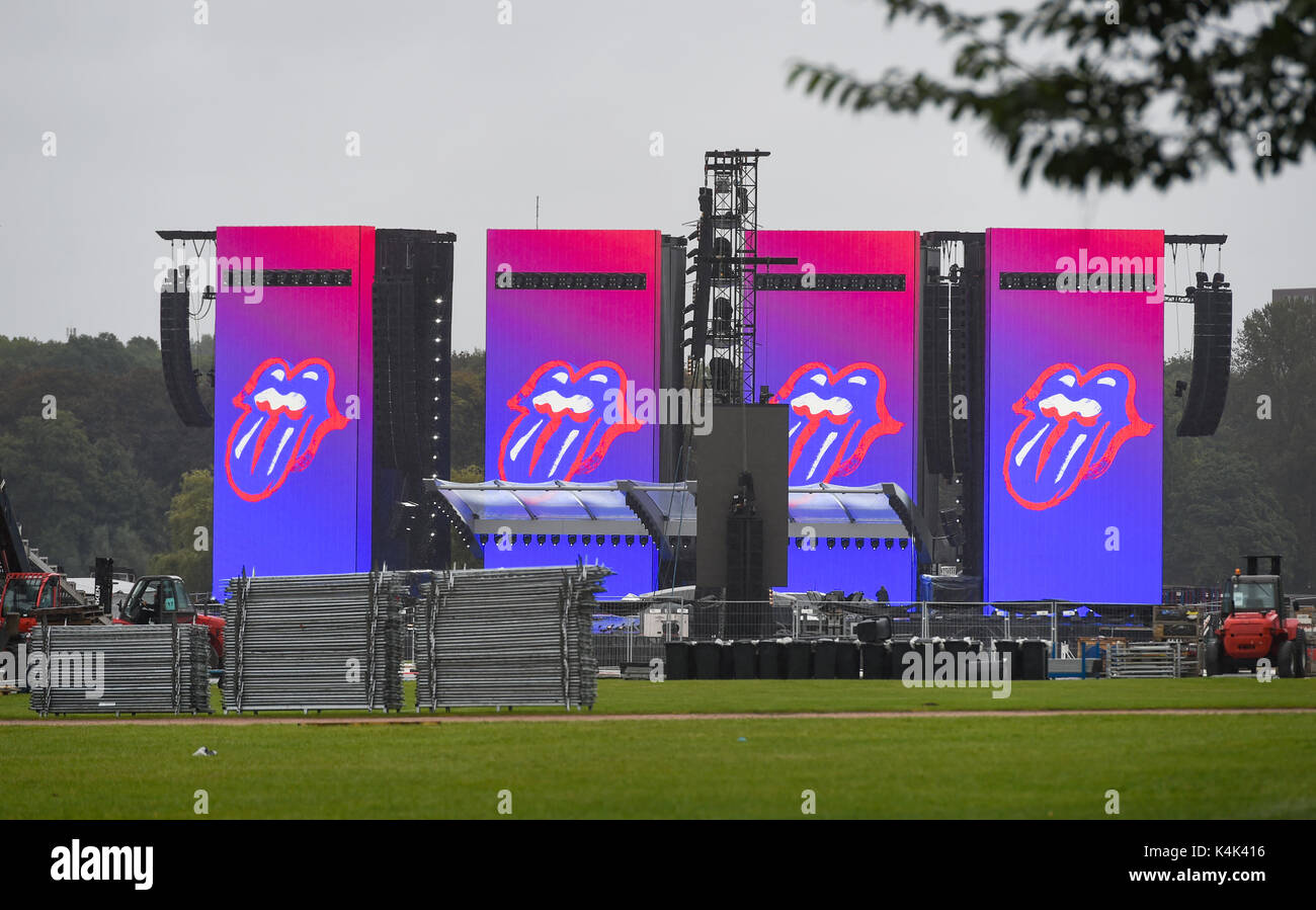 Hamburg, Germany. 06th Sep, 2017. dpatop - The Rolling Stones logo is  visible on screens on the stage for the concert in the Stadtpark in  Hamburg, Germany, 06 September 2017. The Rolling