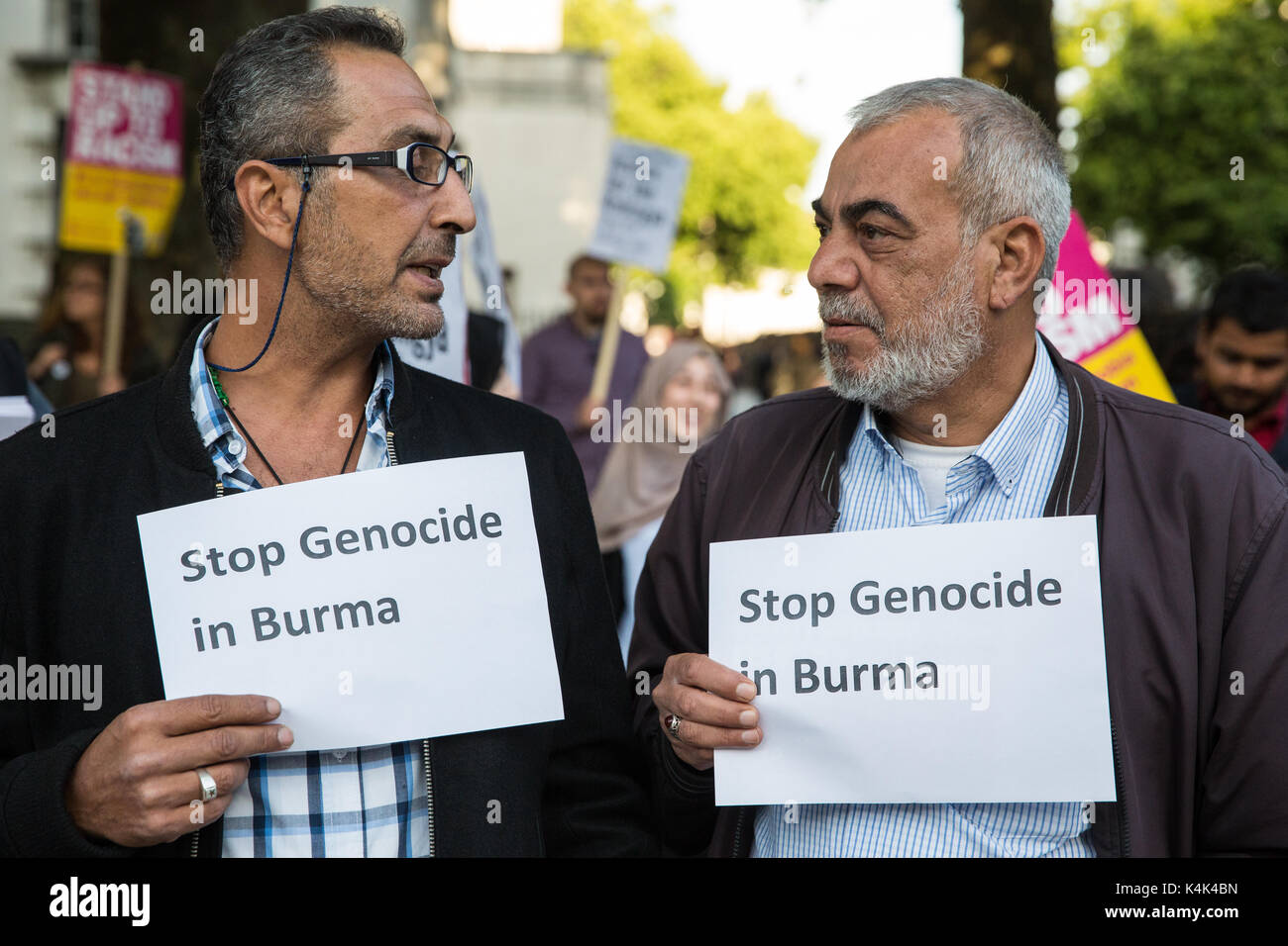 London, UK. 6th Sep, 2017. Protesters gather for an emergency rally opposite Downing Street intended to apply pressure on the British Government to intervene to prevent the killing of Rohingya people in Myanmar by the army and to urge Bangladesh and India to assist Rohingya refugees from Myanmar. Credit: Mark Kerrison/Alamy Live News Stock Photo