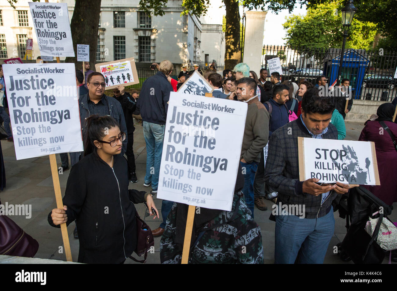 London, UK. 6th Sep, 2017. Protesters gather for an emergency rally opposite Downing Street intended to apply pressure on the British Government to intervene to prevent the killing of Rohingya people in Myanmar by the army and to urge Bangladesh and India to assist Rohingya refugees from Myanmar. Credit: Mark Kerrison/Alamy Live News Stock Photo