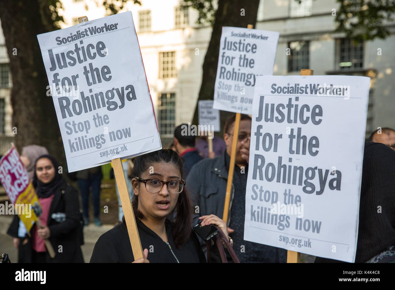 London, UK. 6th Sep, 2017. Protesters gather for an emergency rally opposite Downing Street intended to apply pressure on the British Government to intervene to prevent the killing of Rohingya people in Myanmar by the army and to urge Bangladesh and India to assist Rohingya refugees from Myanmar. Credit: Mark Kerrison/Alamy Live News Stock Photo