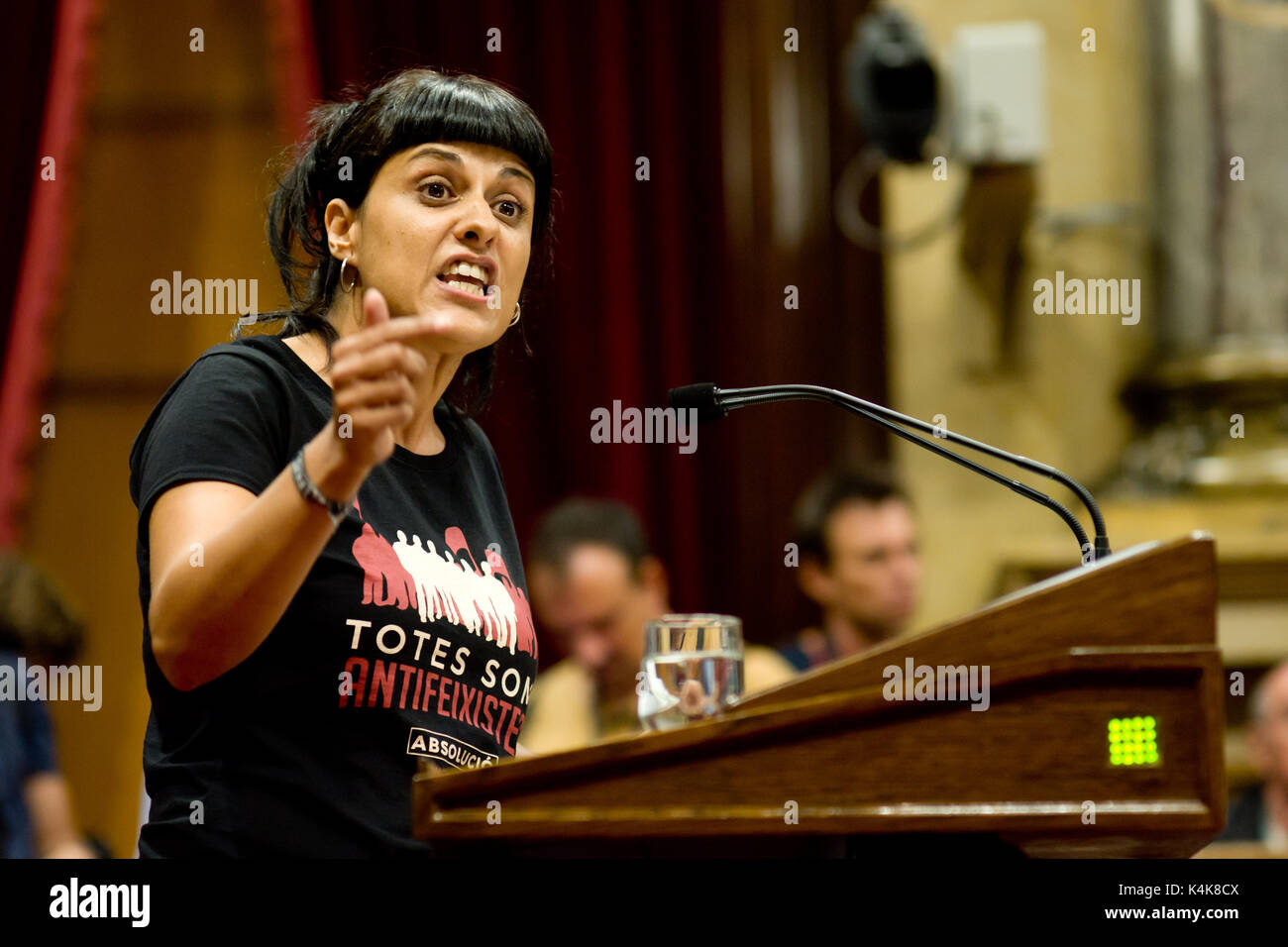 Barcelona, Spain. 06th Sep, 2017. September 6, 2017 - Barcelona, Catalonia, Spain - ANNA GABRIEL of pro-independence party CUP holds a speech during the parliamentary session in the Catalonia Parliament. The Catalan Parliament has passed a law to call a referendum of independence the next first of October. The unionist forces of Catalonia and the Spanish government are frontally opposed to the referendum and consider it illegal. Credit: Jordi Boixareu/Alamy Live News Stock Photo