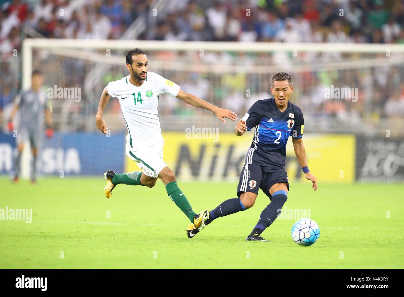 Jeddah, Saudi Arabia. 5th Sep, 2017. Abdullah Otayf (KSA), Yosuke Ideguchi (JPN) Football/Soccer : FIFA World Cup Russia 2018 Asian Qualifiers Final Round Group B match between Saudi Arabia 1-0 Japan at King Abdullah Sports City Stadium in Jeddah, Saudi Arabia . Credit: Kenzaburo Matsuoka/AFLO/Alamy Live News Stock Photo