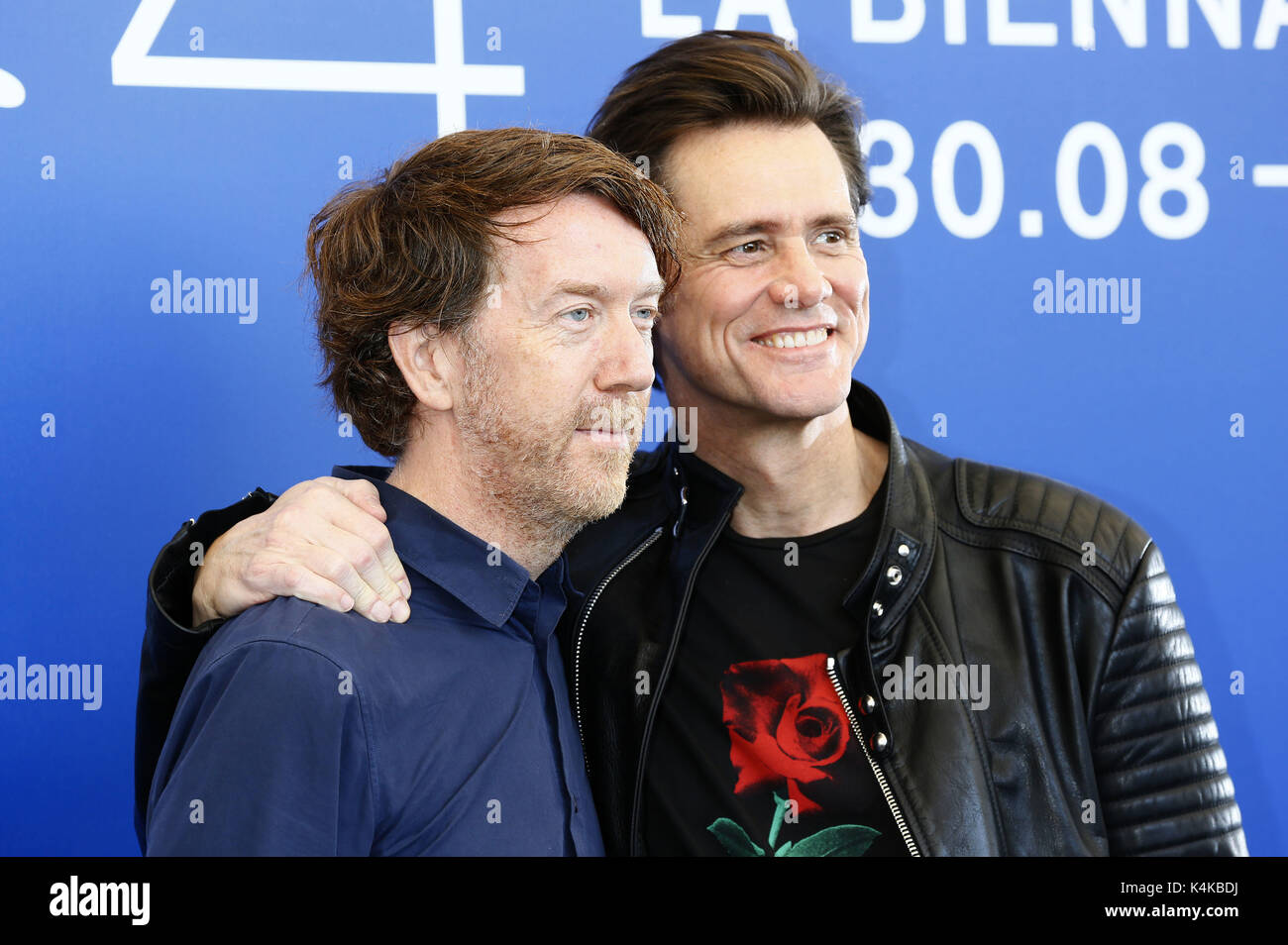Venice, Italien. 05th Sep, 2017. Director Chris Smith and Jim Carrey during the 'Jim & Andy: The Great Beyond - The Story of Jim Carrey & Andy Kaufman Featuring a Very Special, Contractually Obligated Mention of Tony Clifton' photocall at the 74th Venice International Film Festival at the Palazzo del Casino on September 05, 2017 in Venice, Italy | Verwendung weltweit/picture alliance Credit: dpa/Alamy Live News Stock Photo