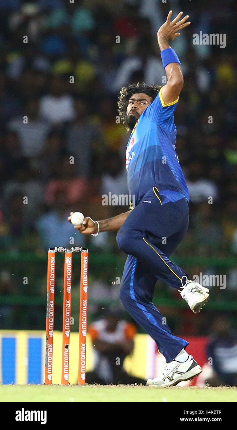 Colombo, Sri Lanka. 6rh Sept, 2017. Sri Lankan cricketer Lasith Malinga delivers the ball during the Twenty20 international cricket match between Sri Lanka and India at R Premadasa Stadium in Colombo on September 6, 2017. Credit: Pradeep Dambarage/Alamy Live News Stock Photo