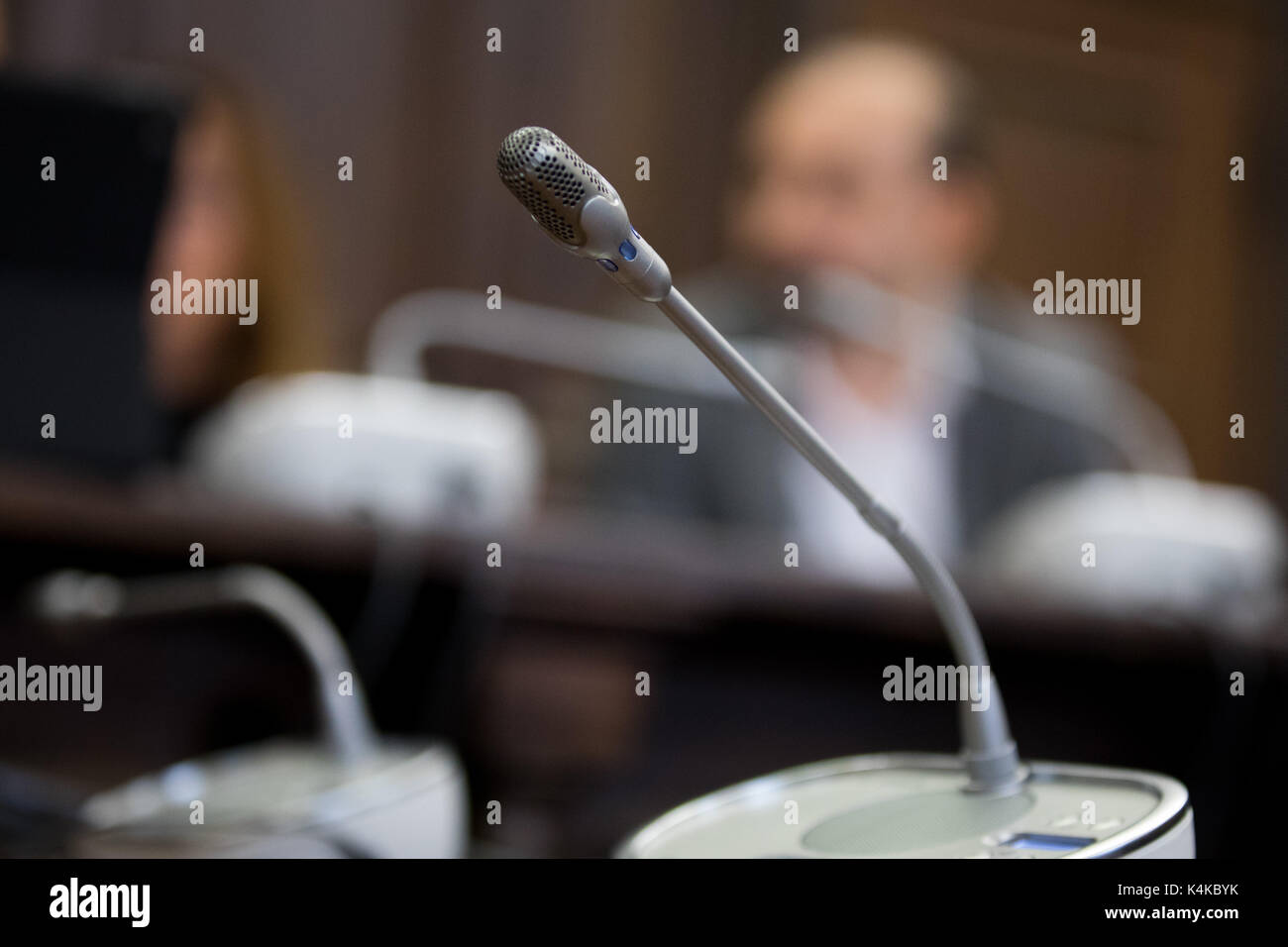 Hamburg, Germany. 7th Sep, 2017. Mehmet S., an alleged Turkish spy facing espionage charges, sits in a courtroom in Hamburg, Germany, 7 September 2017. The 32-year-old man is accused of having spied in Germany on behalf of the Turkish secret service MIT. Photo: Christian Charisius/POOL dpa/dpa/Alamy Live News Stock Photo