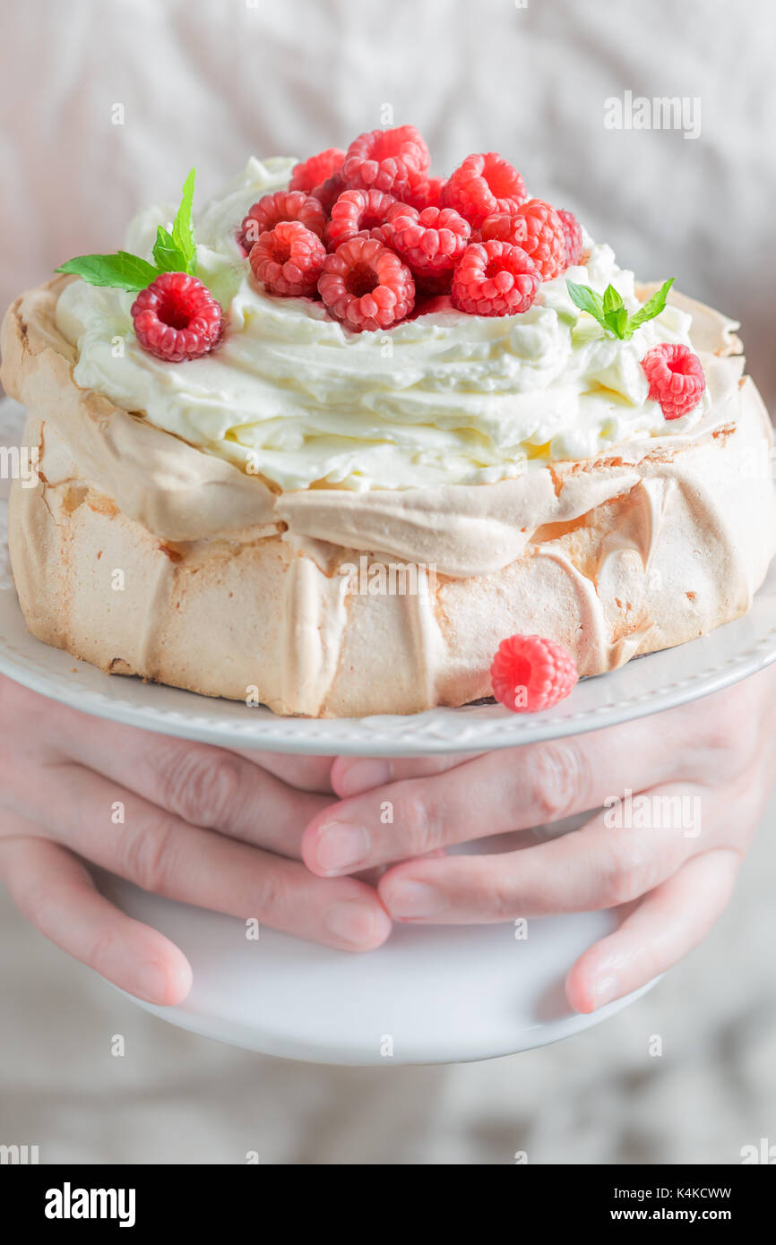 Sweet And Creamy Pavlova Cake With Raspberries And Meringue Stock Photo sweet-and-creamy-pavlova-cake-with-raspberries-and-meringue-stock-photo