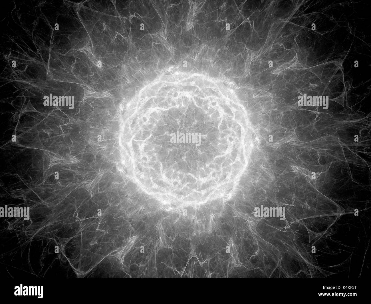 Glowing plasma torus in space, high voltage, black and white texture, computer generated abstract background, 3D rendering Stock Photo