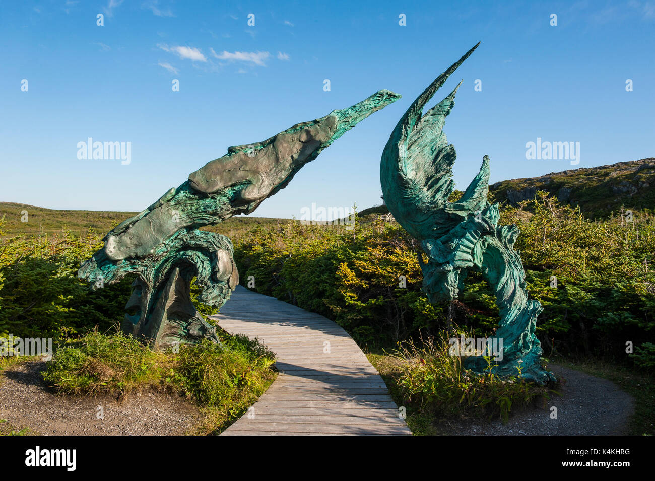 Modern sculpture in the Unesco world heritage L´Anse aux Meadows only viking sight in America, Newfoundland, Canada Stock Photo