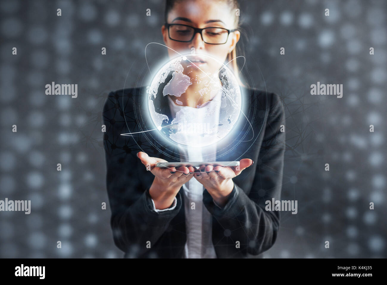 Modern technologies, Internet and network concept - man in business clothes, presses the button Stock Photo