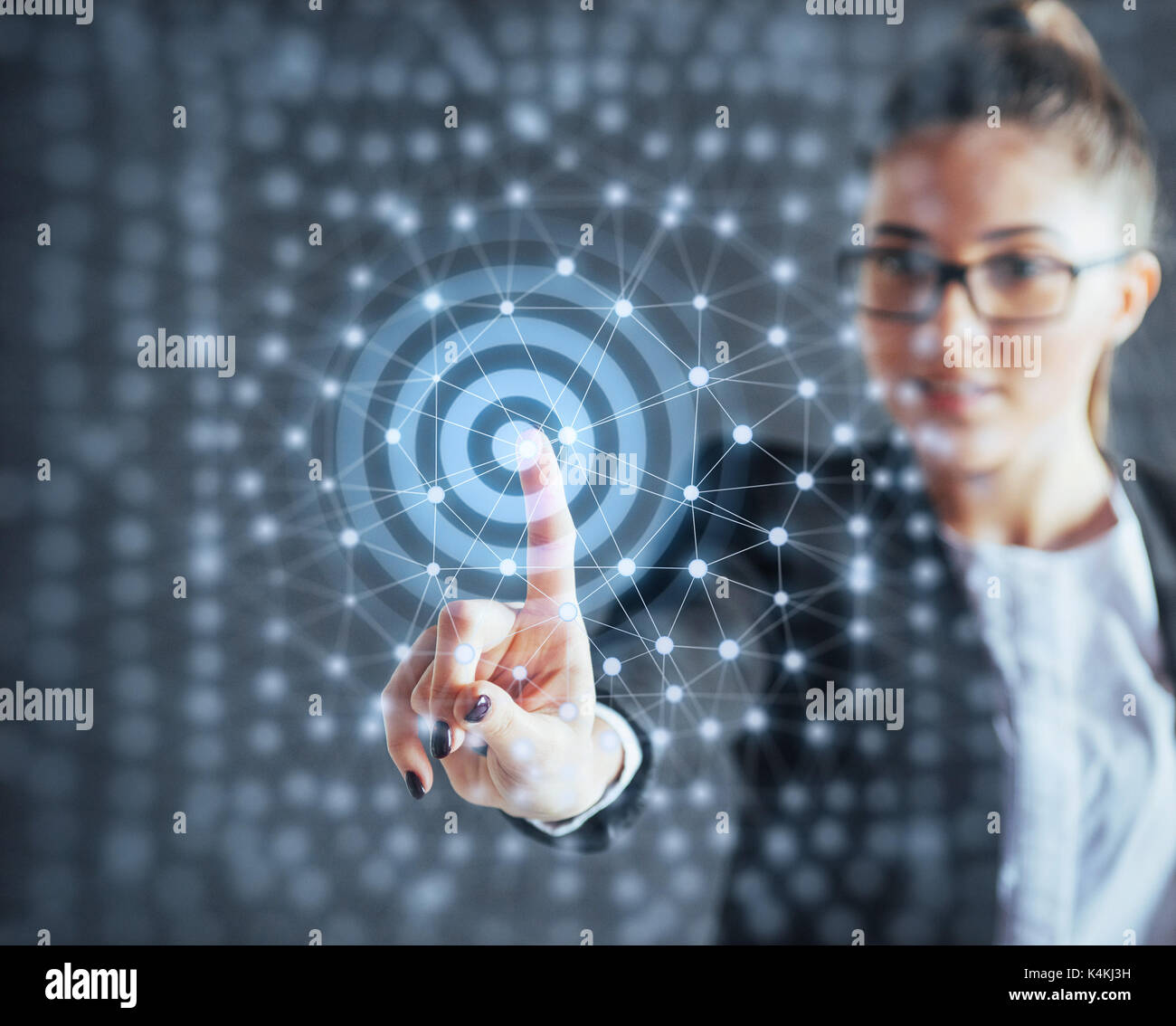 Modern technologies, Internet and network concept - man, presses the button on the virtual screen Stock Photo