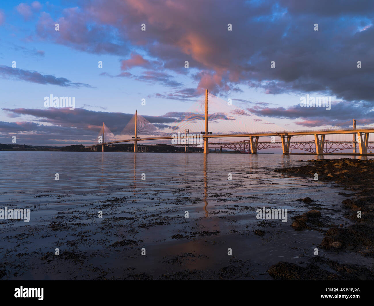 dh Queensferry Crossing FORTH BRIDGE FORTH BRIDGE Scottish Three River Forth Bridges sunset cable stayed scotland new road Stock Photo