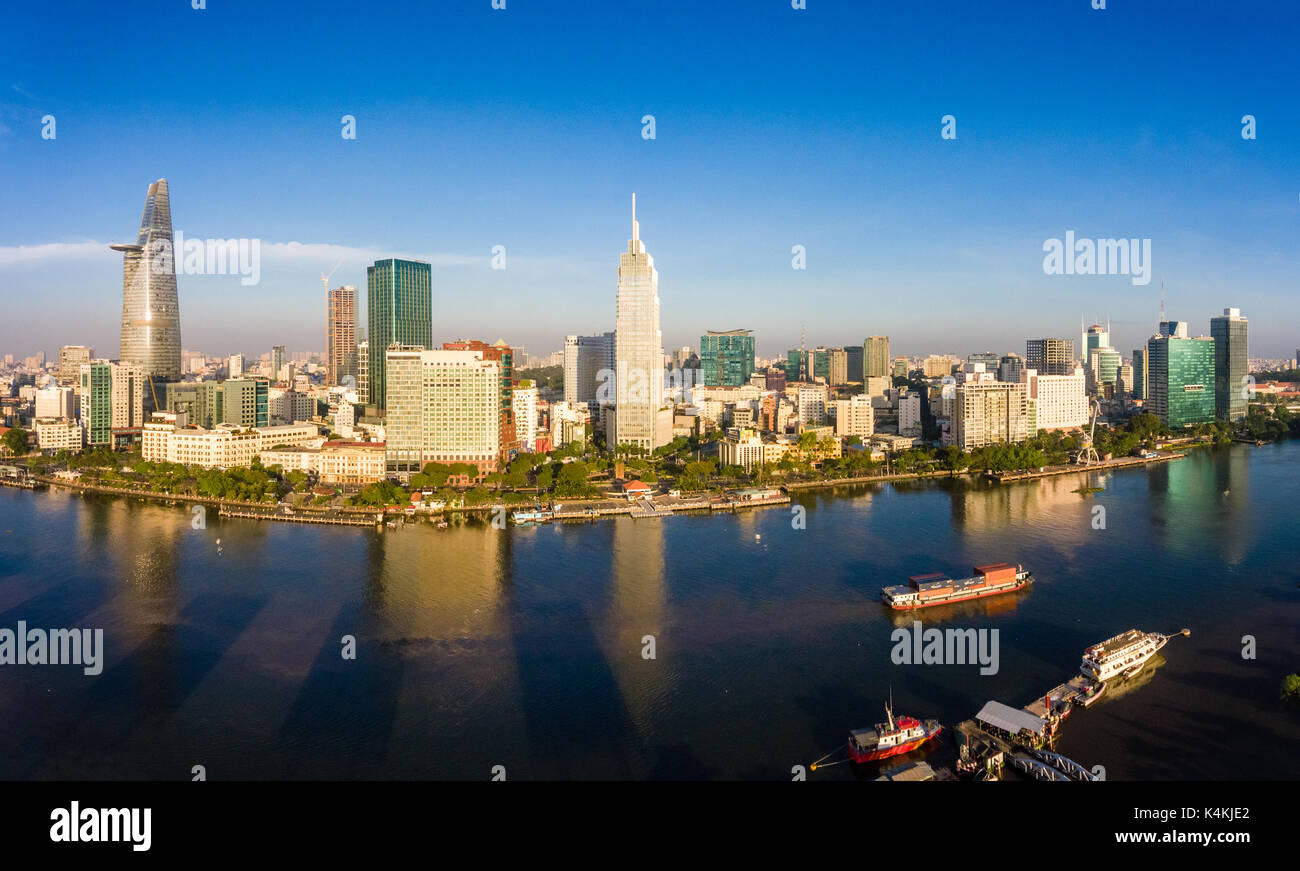 Royalty high quality free stock image aerial view of boats in river side ho chi minh, Vietnam. The biggest city in Vietnam. Boats in river side Stock Photo