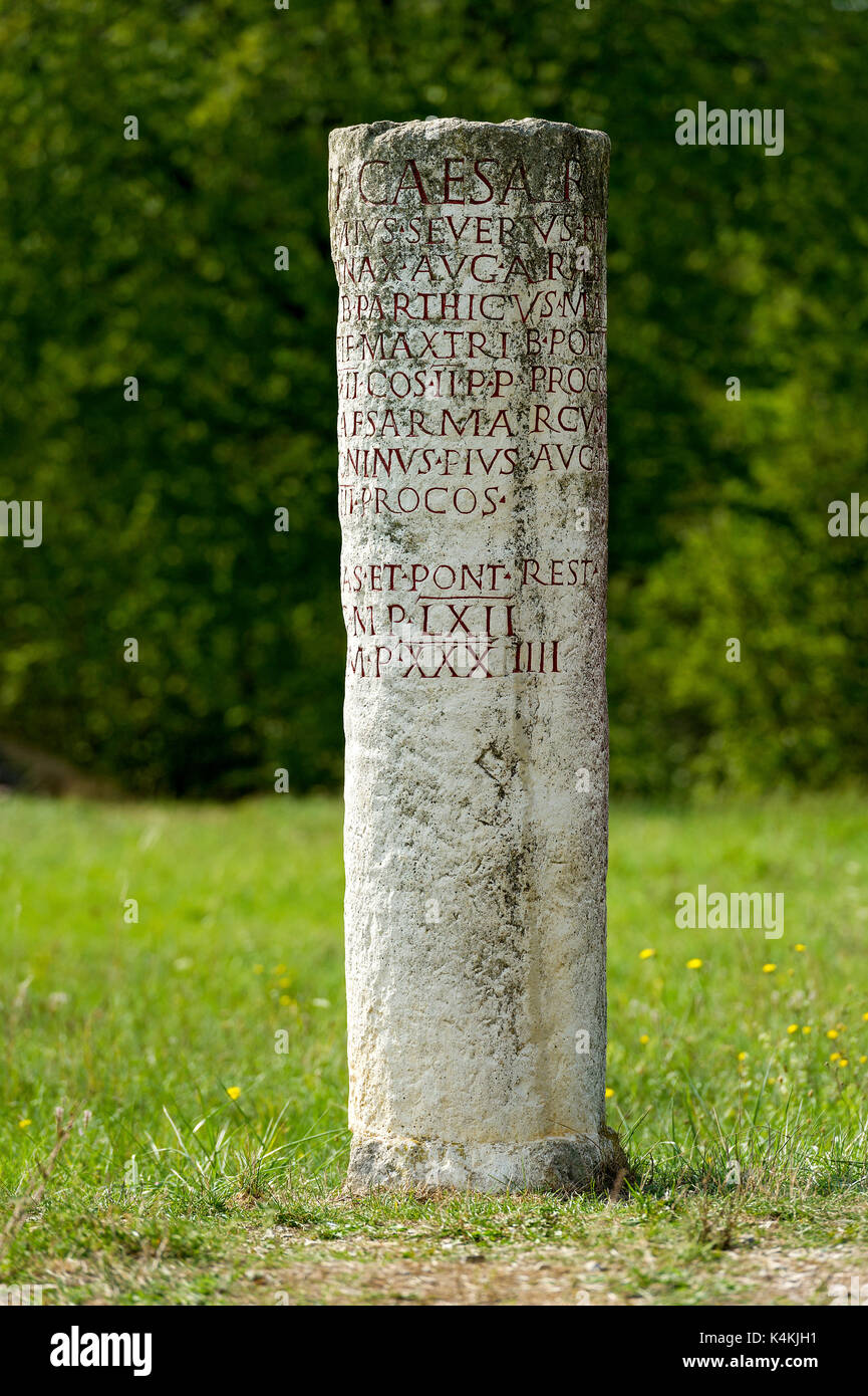 Roman milestone, Roman fort Pfünz, Castra Vetoniana or Vetonianae, Roman fort Pfünz, Raetian Limes, Walting, Eichstätt Stock Photo