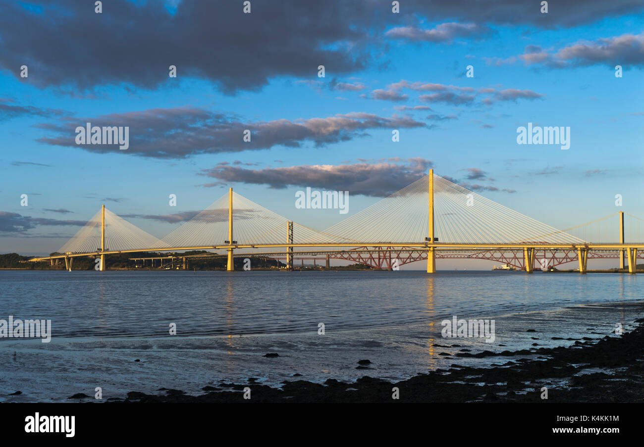 dh Queensferry Crossing FORTH BRIDGE LOTHIAN River Forth Queensferry crossing evening light dusk stay cable stayed road Three bridges Stock Photo