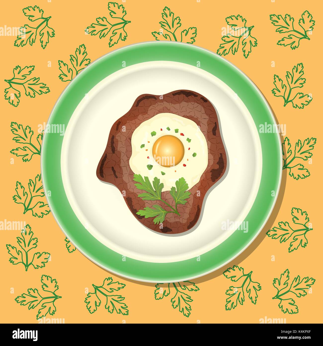 Fried meat with egg and parsley on the plate, background with pattern Stock Vector