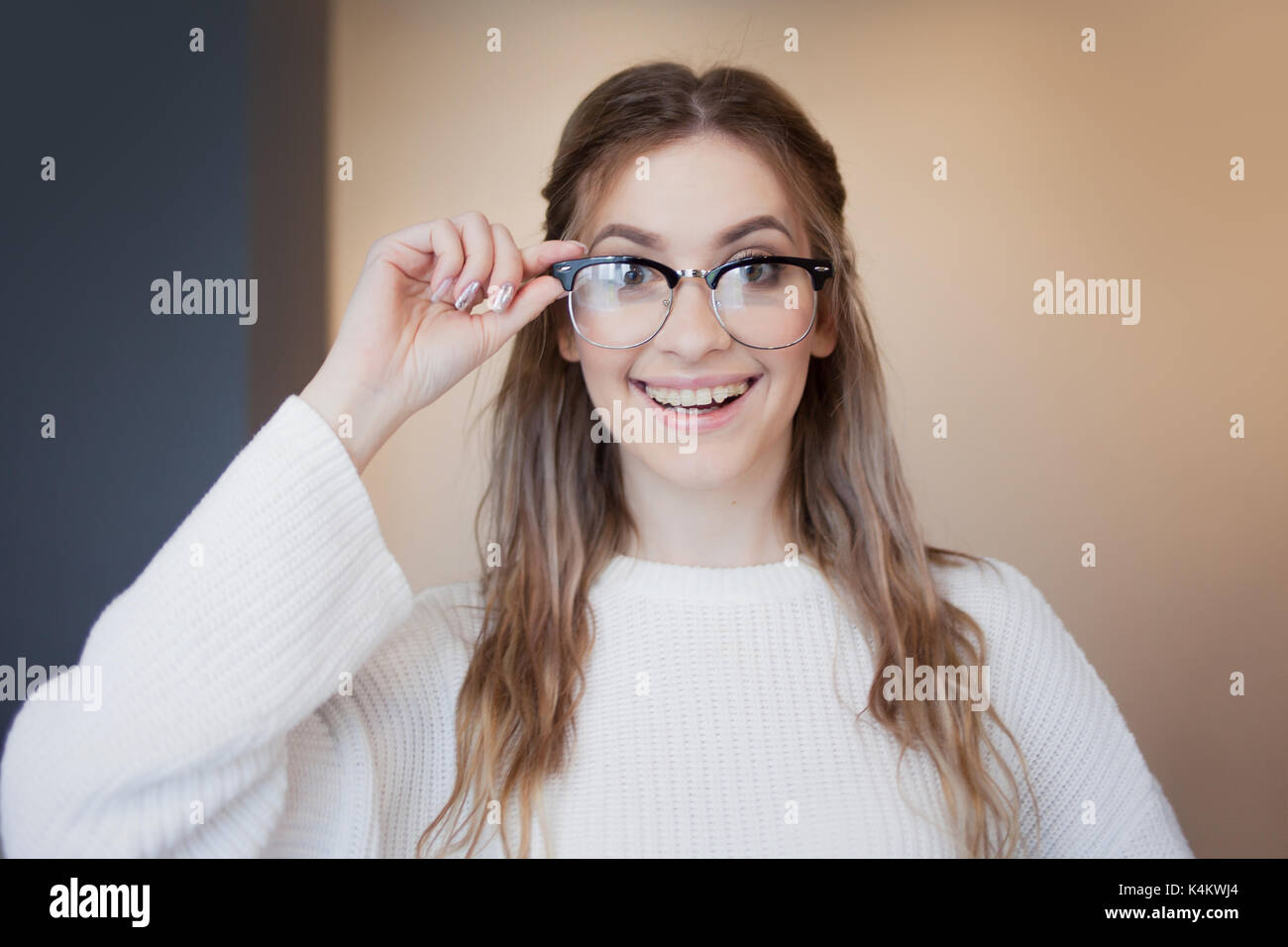 Happy And Beautiful Girl With Glasses And Braces Joyful And Stock Photo Alamy Happy And Beautiful Girl With Glasses And Braces Joyful And Stock Photo Alamy