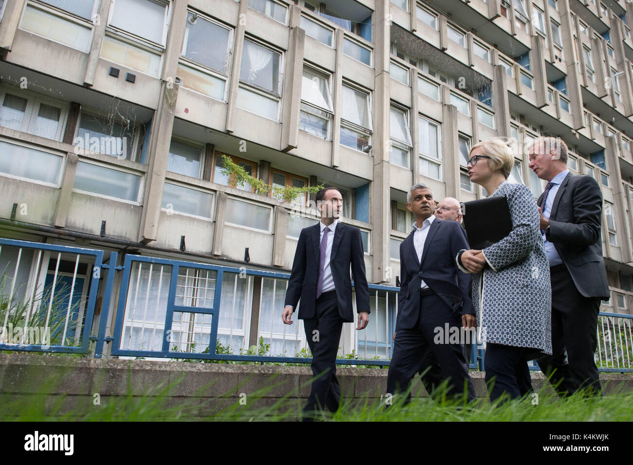 Mayor of London Sadiq Khan visits the former Robin Hood Garden Estate in east London where he saw the £300 million regeneration that is transforming it into 1,575 new homes, 679 of which will be affordable, as he launches his London Housing Strategy. Stock Photo