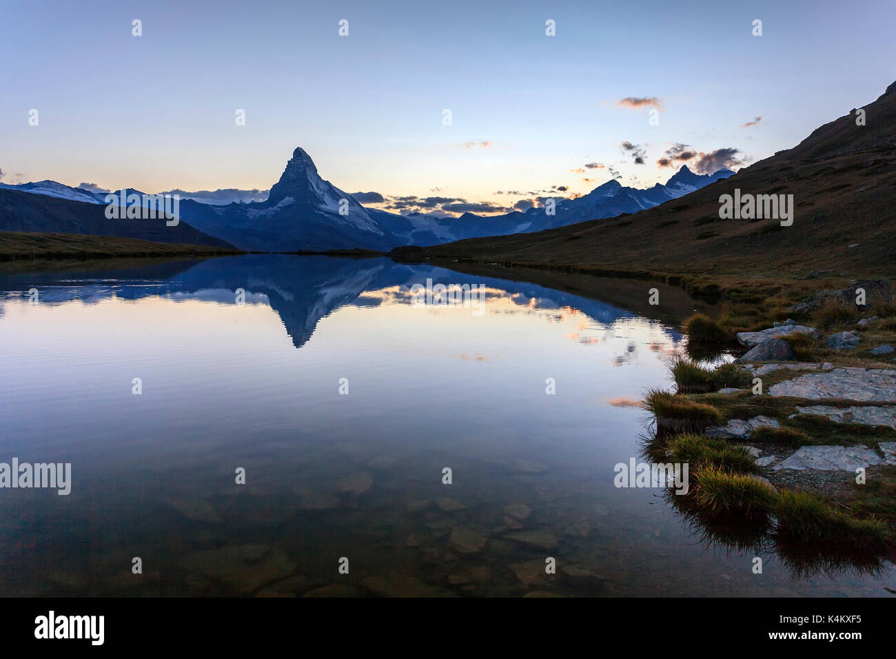 The matterhorn at sunset reflected at stellisee hi-res stock ...