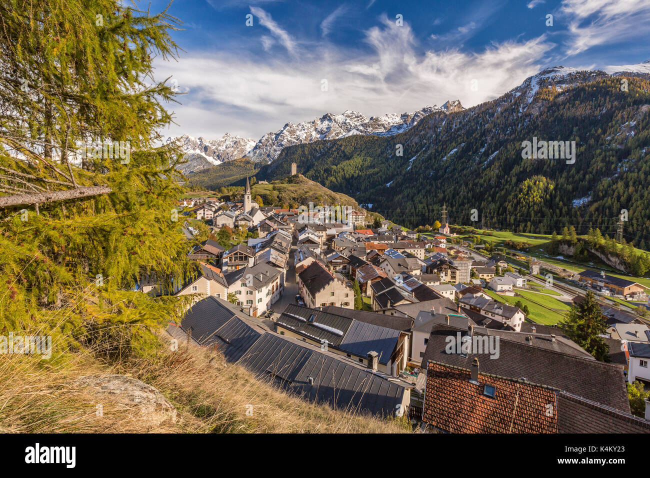 View of Ardez village surrounded by woods and snowy peaks Lower Engadine Canton of Graubünden Switzerland Europe Stock Photo