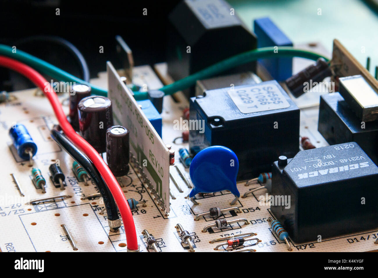 Close-up of electronic components and wires on a printed circuit board Stock Photo