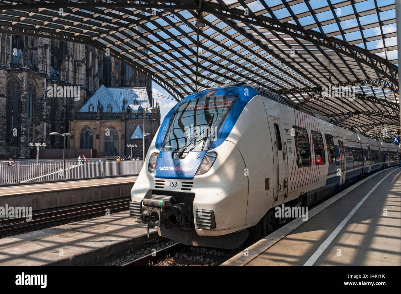German National Express Train at Cologne station on Regional Express service RE7 from Krefeld to Münster, NRW, Germany. Stock Photo