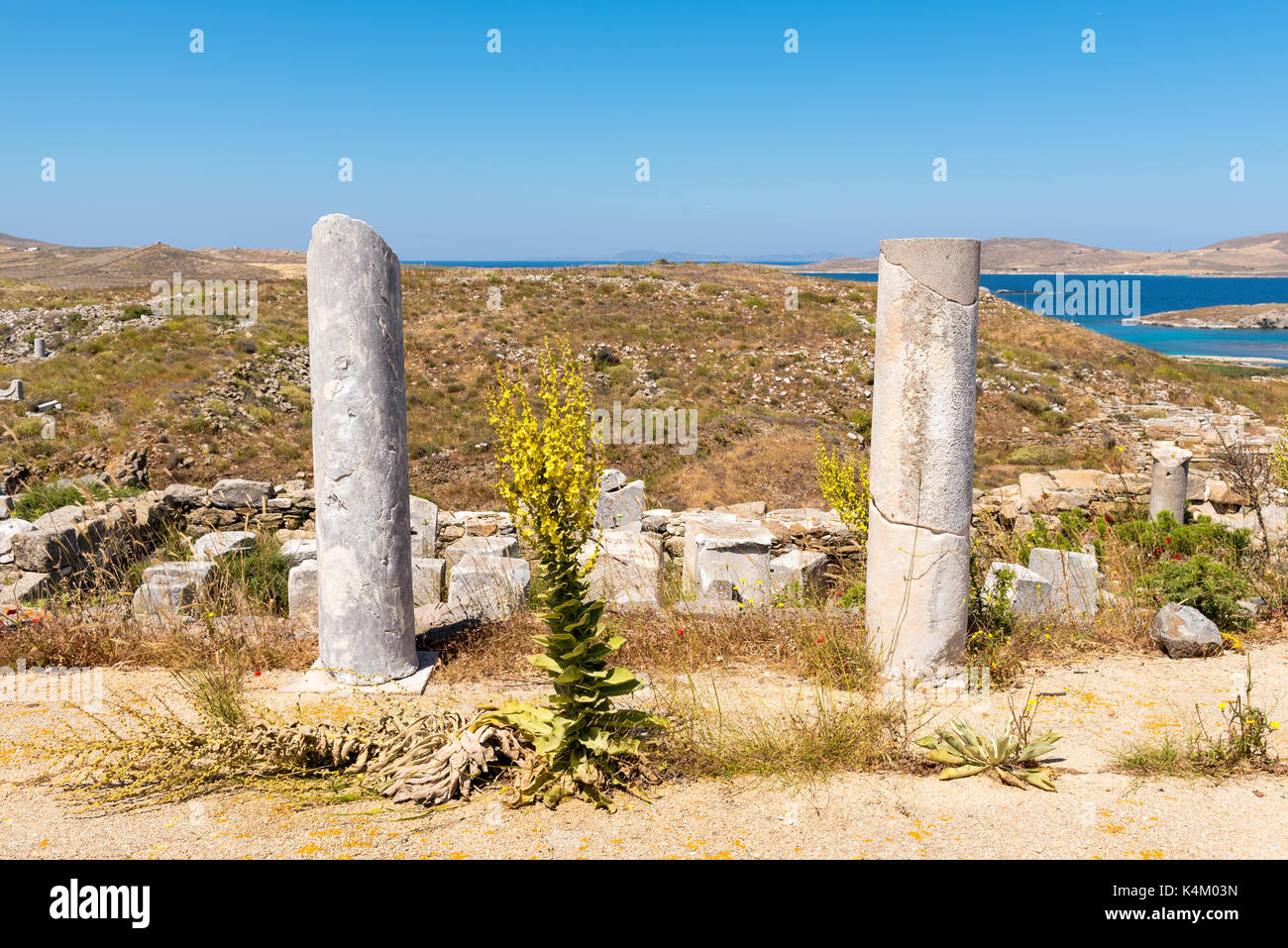 Delos Inscription Column Ancient columns in the Archaeologic Site of Delos island, Cyclades ...