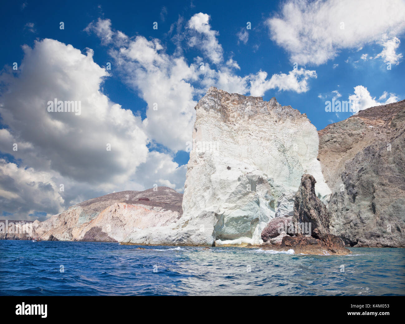 Santorini - The white rock towers from south part of the island. Stock Photo